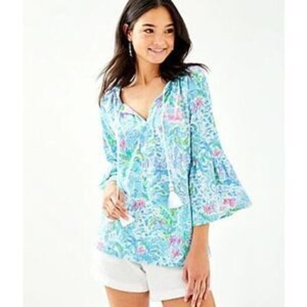 Lilly Pulitzer Floral Print Bell Sleeve Tassel Tie Blouse Top Turquoise Womens M